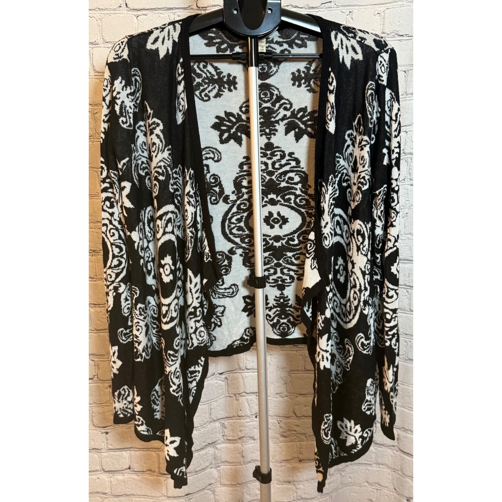 Faded Glory Womens XL Black White Damask Open Front Cardigan Sweater